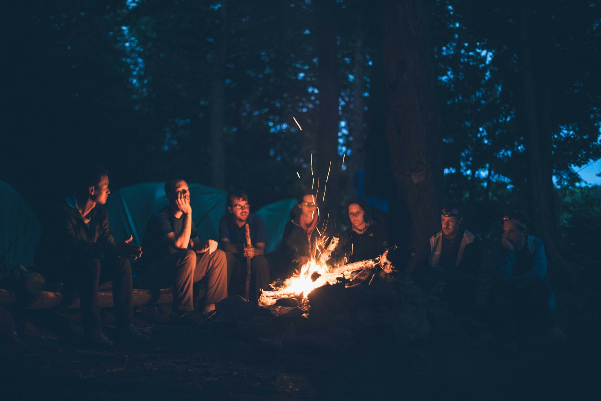 A group of people sitting around a campfire at night in a forest setting.